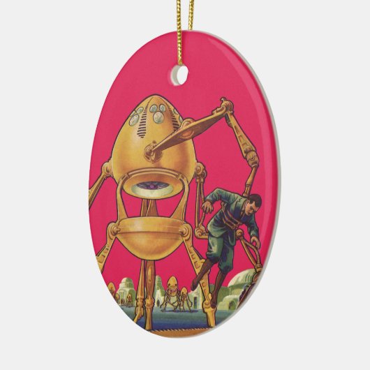 ヴィンテージSFエイリアンロボットが人間を捉える セラミックオーナメント (左)