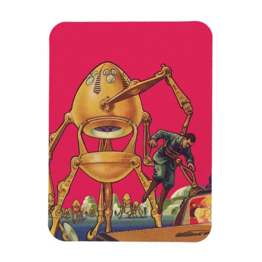 ヴィンテージSFエイリアンロボットが人間を捉える マグネット (縦)