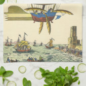 ヴィンテージSFスチームパンク熱気球 キッチンタオル (折り畳み)