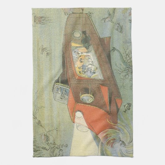 ヴィンテージSFスティームパンク海底海底海底海底船 キッチンタオル (縦)