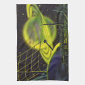 ヴィンテージSFネオングリーンプラネットwリングや輪 キッチンタオル (縦)