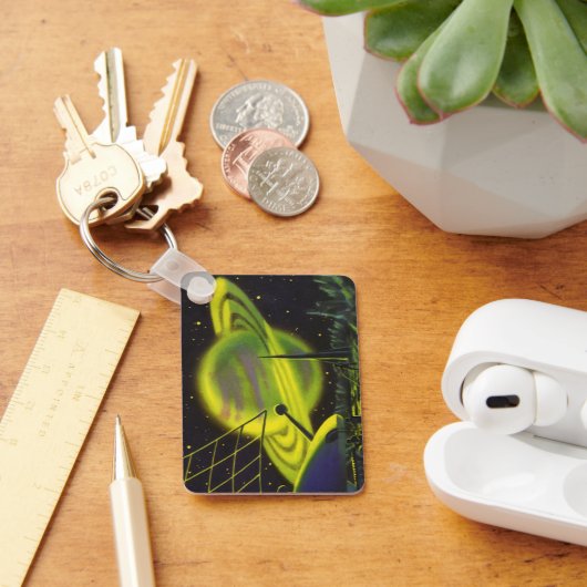 ヴィンテージSFネオングリーンプラネットwリングや輪 キーホルダー (デスク)