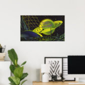 ヴィンテージSFネオングリーンプラネットwリングや輪 ポスター (ホームオフィス)