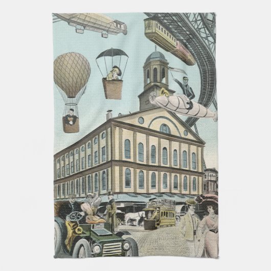 ヴィンテージSFビクトリアンスチームパンクシティ キッチンタオル (縦)