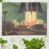 ヴィンテージSFロケットが地球を爆破 キッチンタオル (折り畳み)