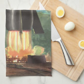 ヴィンテージSFロケットが地球を爆破 キッチンタオル (四つ折り)