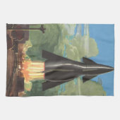 ヴィンテージSFロケットが地球を爆破 キッチンタオル (横)