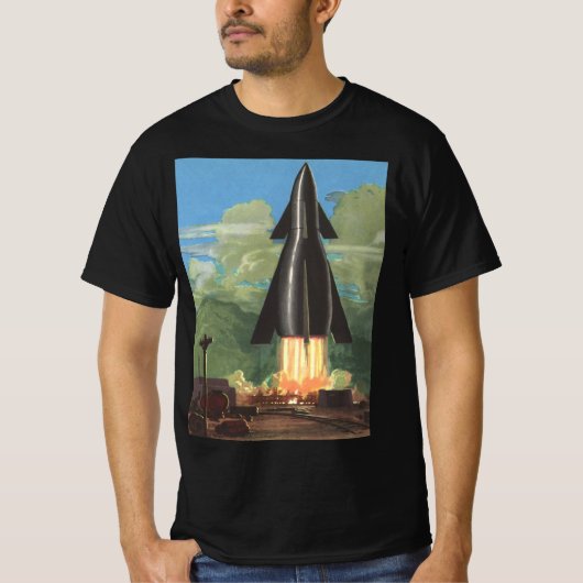 ヴィンテージSFロケットが地球を爆破 Tシャツ (正面)