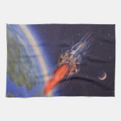 ヴィンテージSFロケット、地球宇宙 キッチンタオル (横)