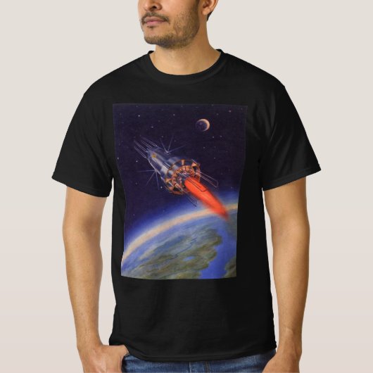 ヴィンテージSFロケット、地球宇宙 Tシャツ (正面)