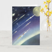 ヴィンテージSFロケット、惑星による宇宙 カード (黄色い花)