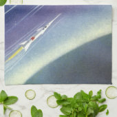 ヴィンテージSFロケット、惑星による宇宙 キッチンタオル (折り畳み)