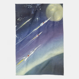 ヴィンテージSFロケット、惑星による宇宙 キッチンタオル