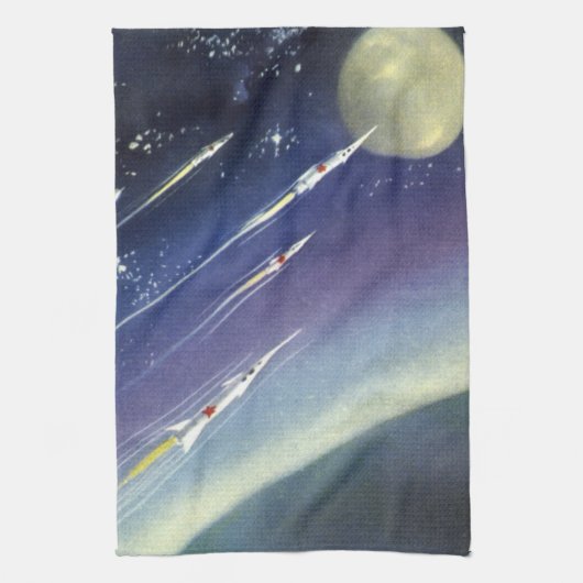 ヴィンテージSFロケット、惑星による宇宙 キッチンタオル (縦)