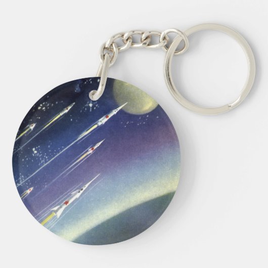 ヴィンテージSFロケット、惑星による宇宙 キーホルダー (裏面)