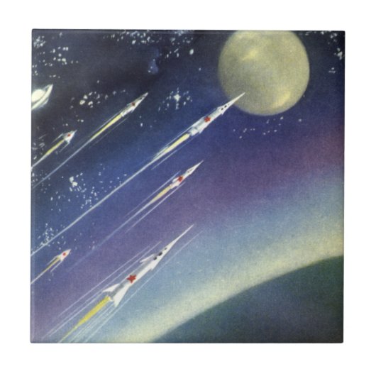 ヴィンテージSFロケット、惑星による宇宙 タイル (正面)