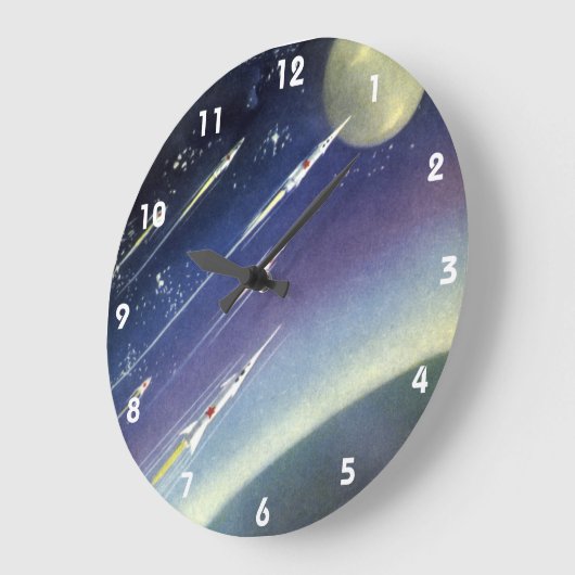 ヴィンテージSFロケット、惑星による宇宙 ラージ壁時計 (傾斜)