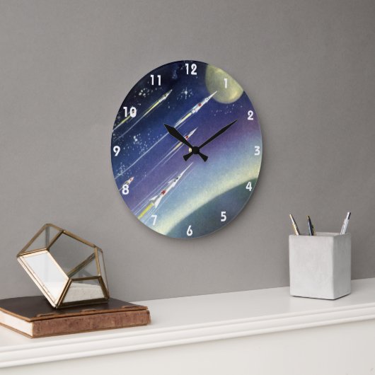 ヴィンテージSFロケット、惑星による宇宙 ラージ壁時計 (オフィス)