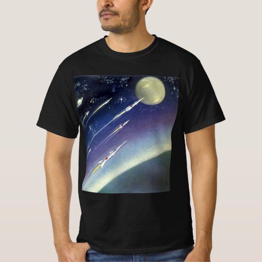 ヴィンテージSFロケット、惑星による宇宙 Tシャツ (正面)