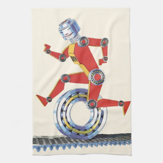 ヴィンテージSFロボットランニングロボットとホイール キッチンタオル (縦)