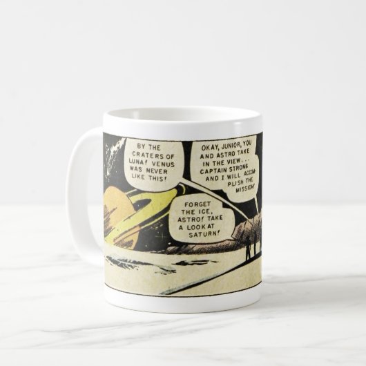 ヴィンテージSF宇宙冒険漫画パネルロケット コーヒーマグカップ (正面左)