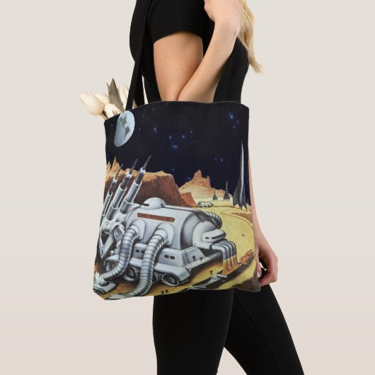 ヴィンテージSF宇宙月面駅 トートバッグ (クローズアップ)