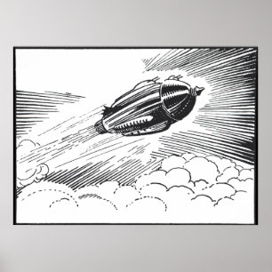 ヴィンテージSF宇宙船ロケット雲中 ポスター