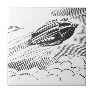 ヴィンテージSF宇宙船ロケットinクラウド タイル