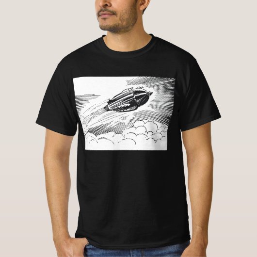 ヴィンテージSF宇宙船ロケットinクラウド Tシャツ (正面)