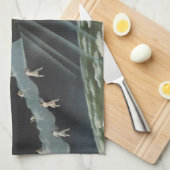 ヴィンテージSF宇宙飛行士がロケットに乗る キッチンタオル (四つ折り)