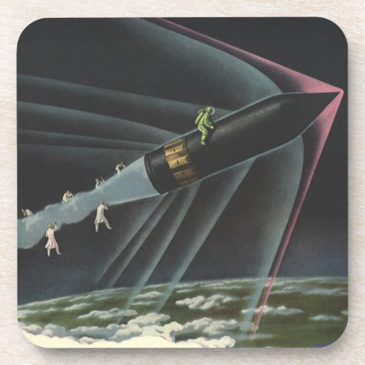 ヴィンテージSF宇宙飛行士がロケットに乗る コースター (正面)