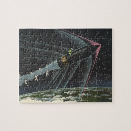 ヴィンテージSF宇宙飛行士がロケットに乗る ジグソーパズル (横)