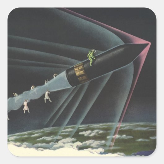 ヴィンテージSF宇宙飛行士がロケットに乗る スクエアシール (正面)