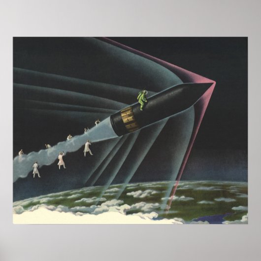 ヴィンテージSF宇宙飛行士がロケットに乗る ポスター (正面)