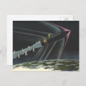 ヴィンテージSF宇宙飛行士がロケットに乗る ポストカード (正面/裏面)