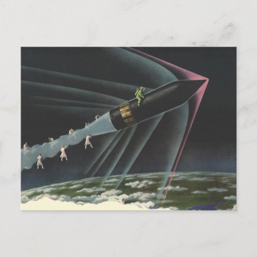 ヴィンテージSF宇宙飛行士がロケットに乗る ポストカード (正面)