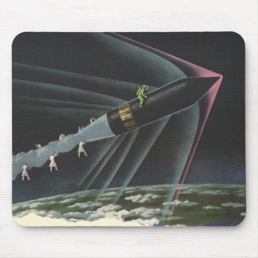 ヴィンテージSF宇宙飛行士がロケットに乗る マウスパッド (正面)