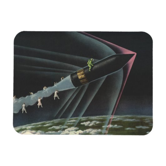 ヴィンテージSF宇宙飛行士がロケットに乗る マグネット (横)