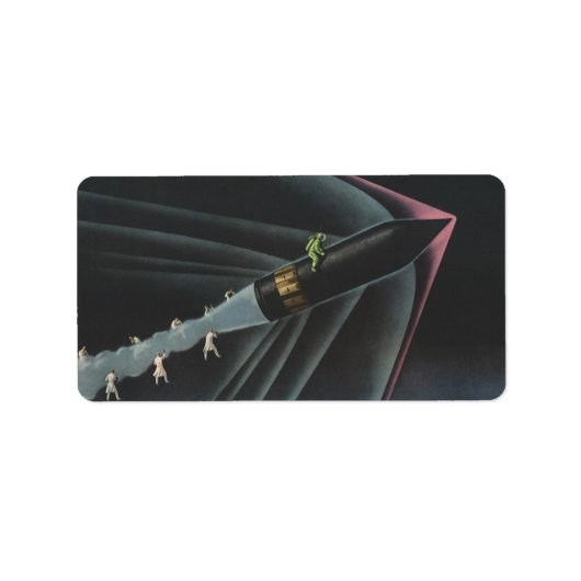 ヴィンテージSF宇宙飛行士がロケットに乗る ラベル (正面)