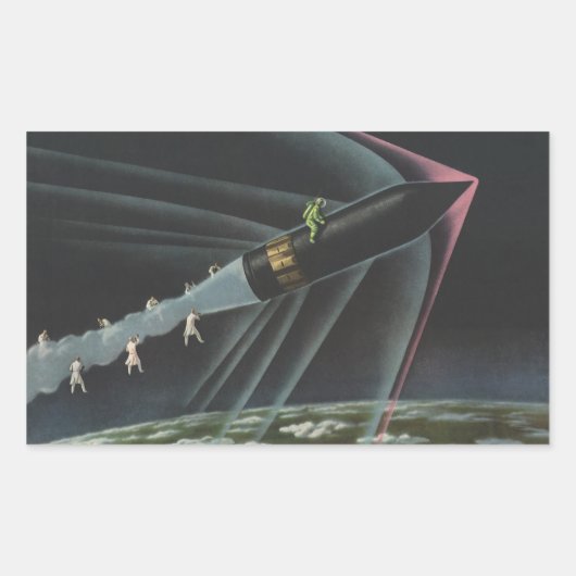 ヴィンテージSF宇宙飛行士がロケットに乗る 長方形シール (正面)