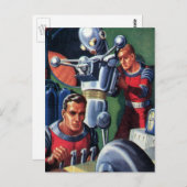 ヴィンテージSF宇宙飛行士によるロボットの修理 ポストカード (正面/裏面)