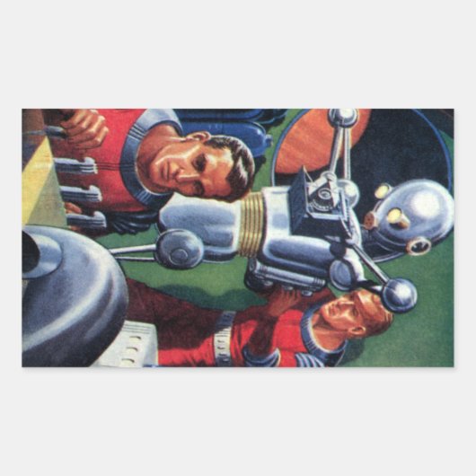 ヴィンテージSF宇宙飛行士によるロボットの修理 長方形シール (正面)