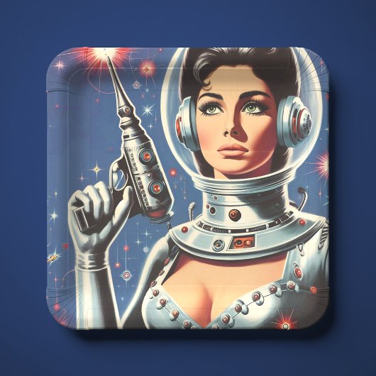 ヴィンテージSF宇宙飛行士の女性 ペーパープレート
