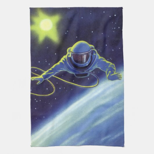 ヴィンテージSF宇宙飛行士の宇宙ウォーク キッチンタオル (縦)