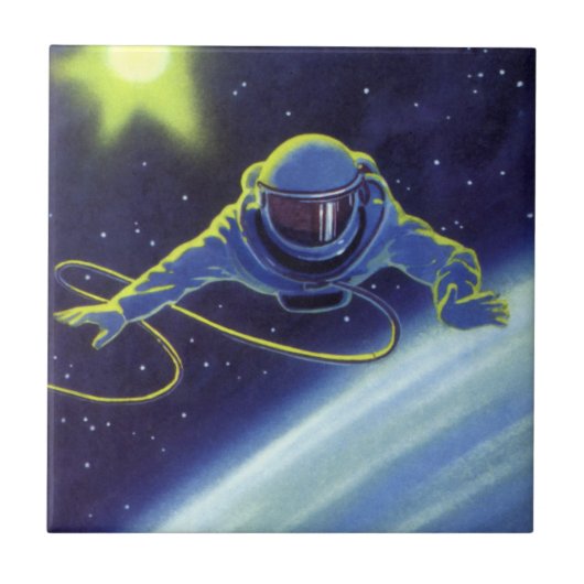 ヴィンテージSF宇宙飛行士の宇宙ウォーク タイル (正面)