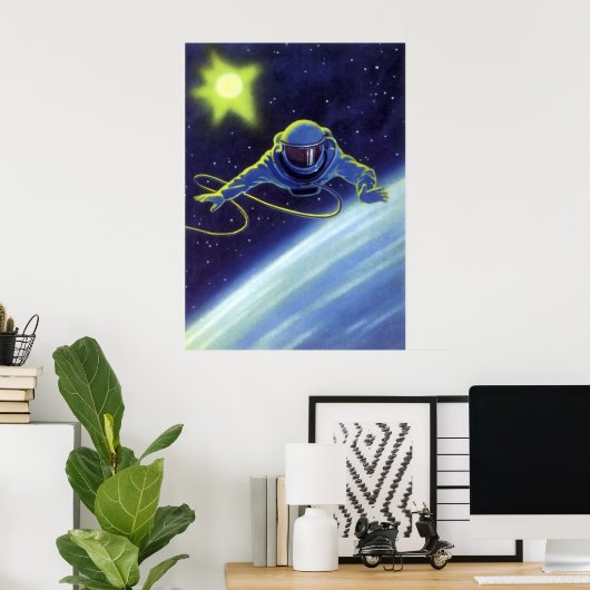 ヴィンテージSF宇宙飛行士の宇宙ウォーク ポスター (ホームオフィス)