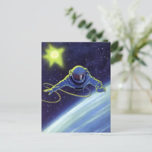 ヴィンテージSF宇宙飛行士の宇宙ウォーク ポストカード (スタンド正面)