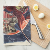 ヴィンテージSF宇宙飛行士ロケット宇宙船 キッチンタオル (四つ折り)