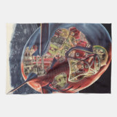 ヴィンテージSF宇宙飛行士ロケット宇宙船 キッチンタオル (横)