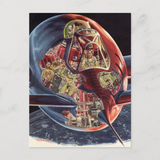 ヴィンテージSF宇宙飛行士ロケット宇宙船 ポストカード (正面)